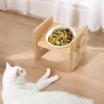 Tieker Bamboo Base Pet Feeder Ceramic Pet Bowl for Small Pets Elevated Feeding Bowl Cat and Dog Supplies