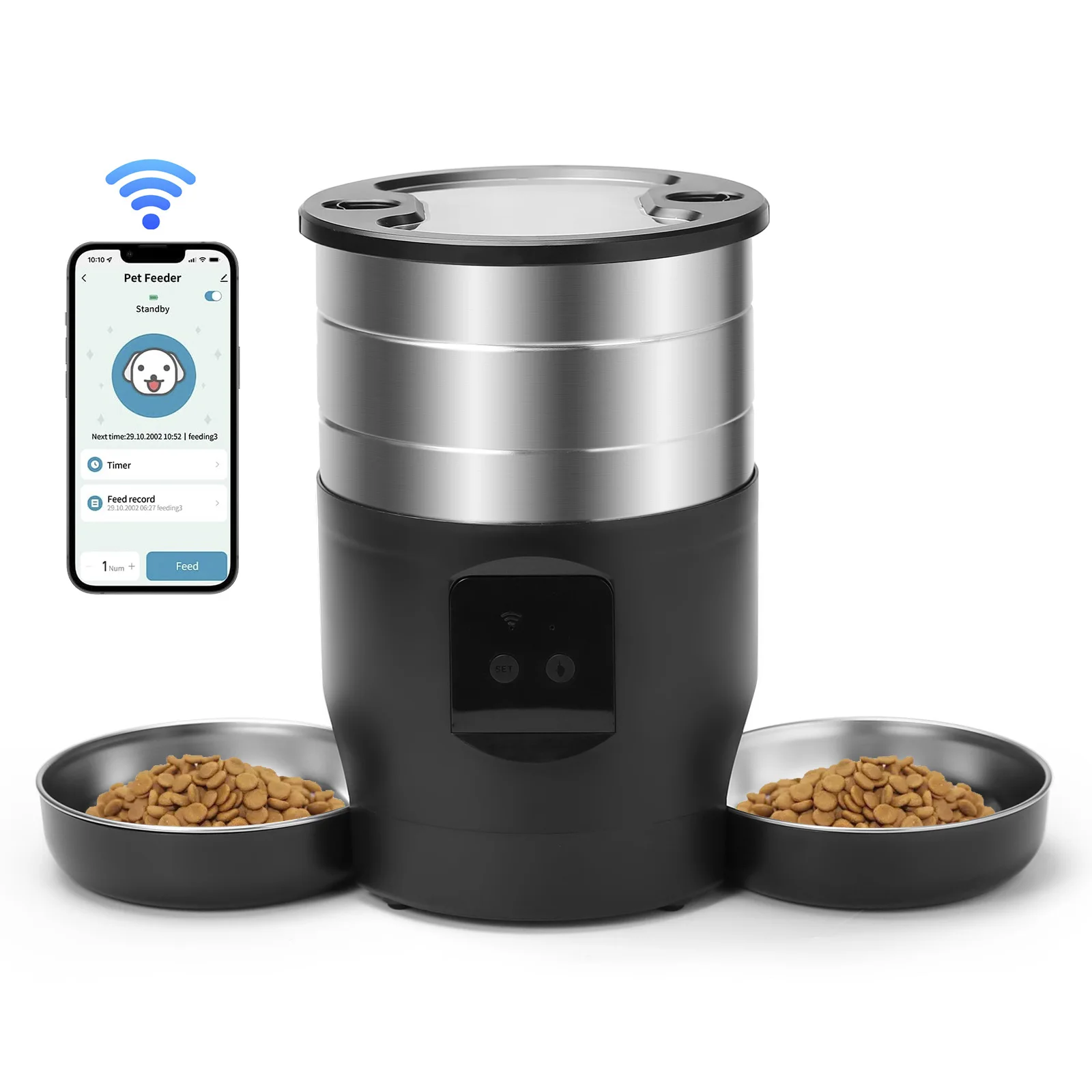 Sc5e57757bbfe48d58dc7b6671e681738F.webp 4.5L Button WiFi Automatic Cat Feeder Includes Two Stainless Steel Bowls Smart Pet Cat and Dogs Food Dispenser Feeder Pet Feeder - Image 1