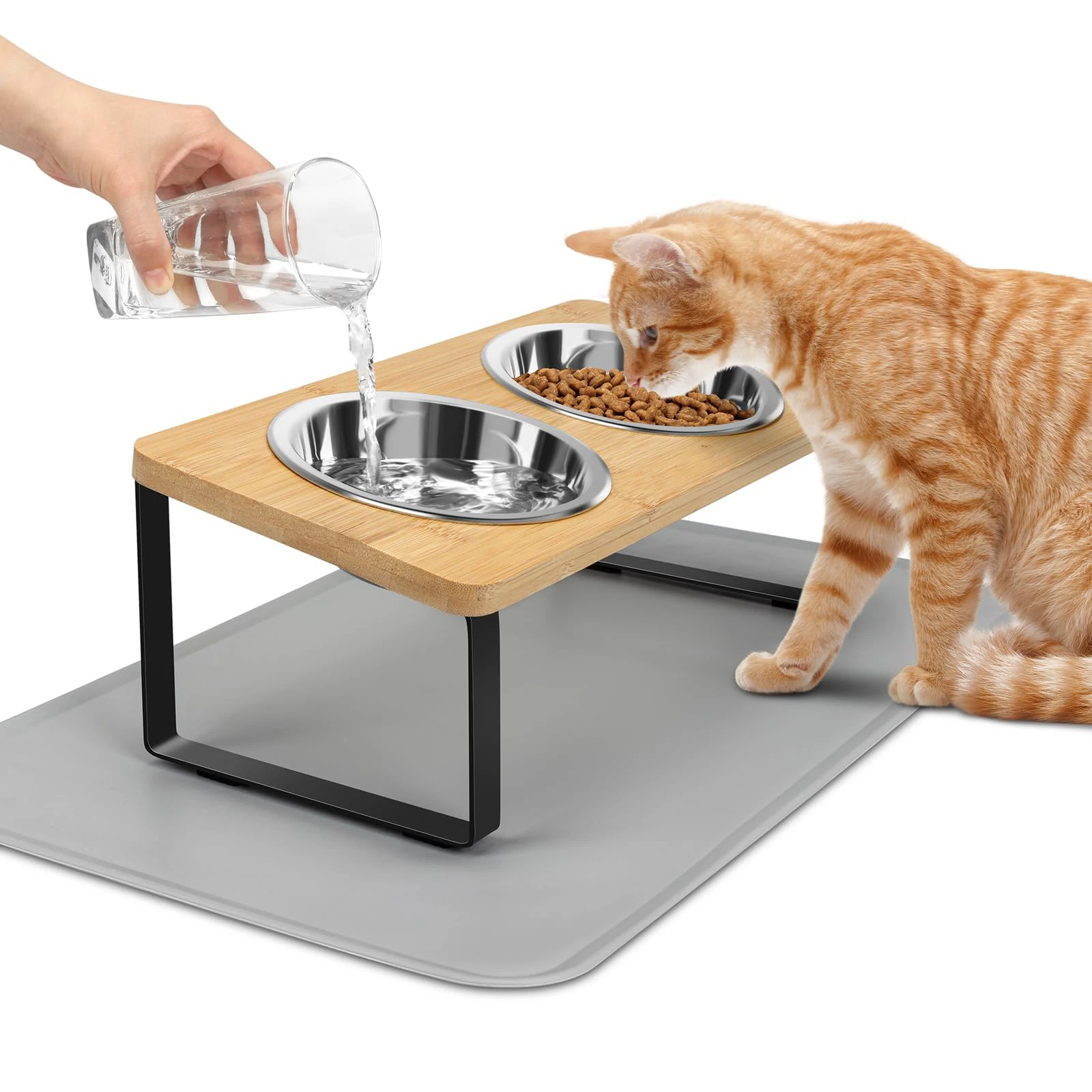 Se9a4d6054c7d438f8808d910e6947294W.webp Elevated Cat Bowls with Food Mat 15° Tilted Stand Raised Cat Dishes for Food and Water Feeder 2 Stainless Steel Bowls for Cats - Image 1