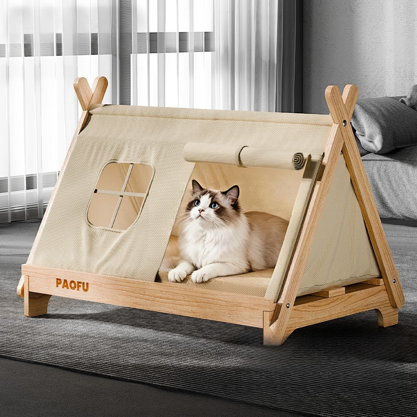 S87763ef14ae14e17a25bb7542620489eG.webp Elevated Wooden Cat Tent Bed with Window - Image 1